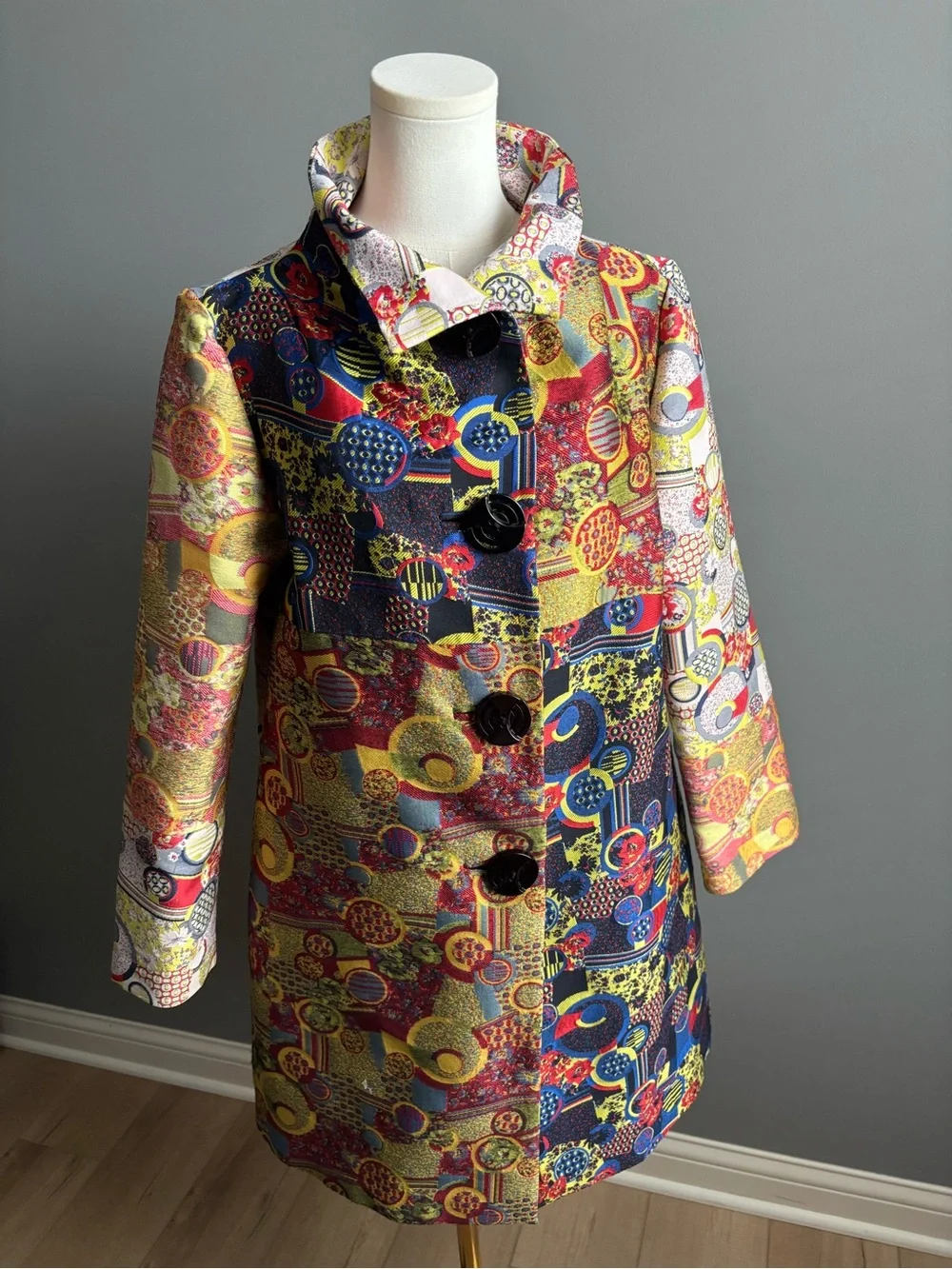 An Ren Vintage Multi Color Geometric Floral Print Wearable Art Mid Length Coat